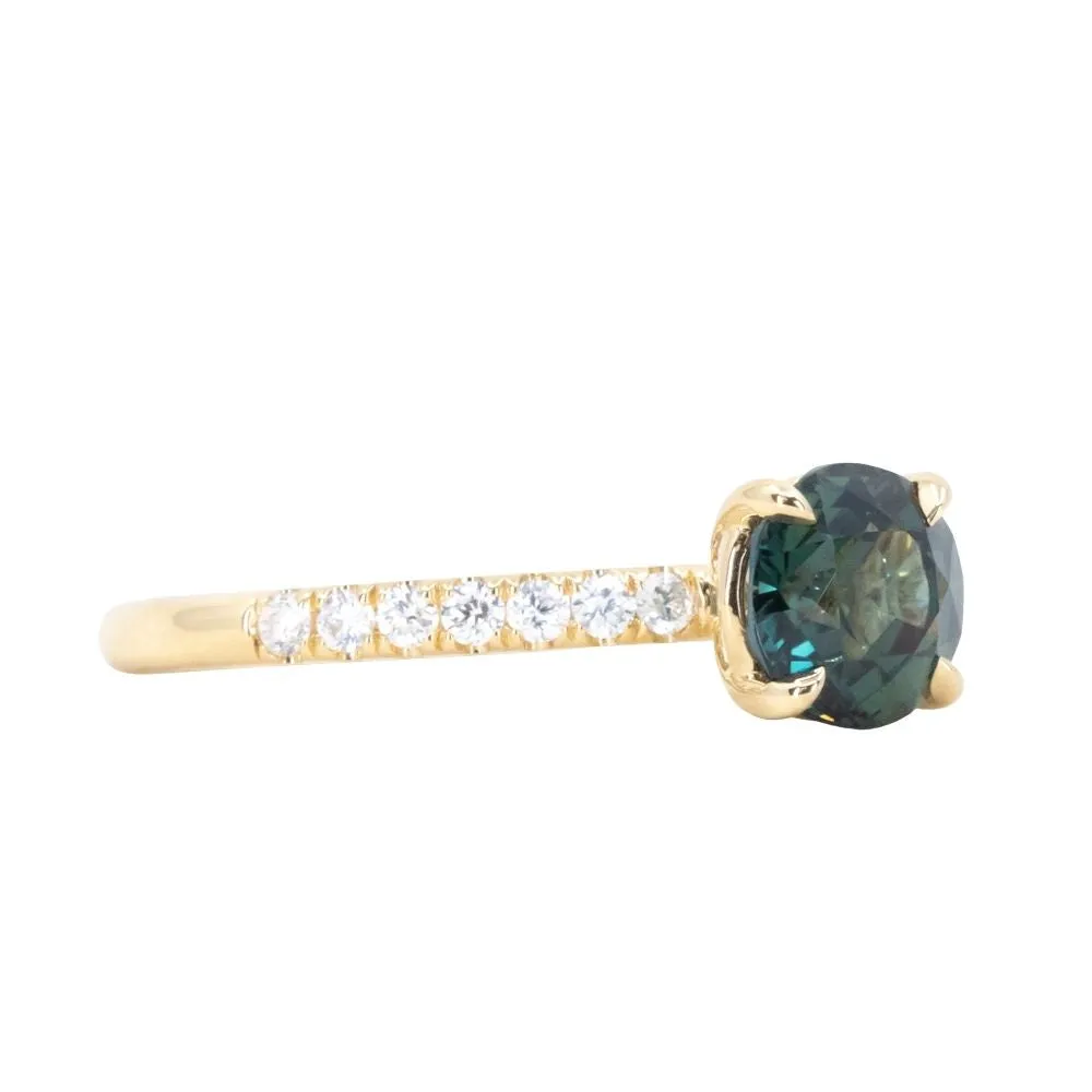 1.42ct Round Deep Green Madagascar Sapphire and French Set Diamond Solitaire in 18k Yellow Gold