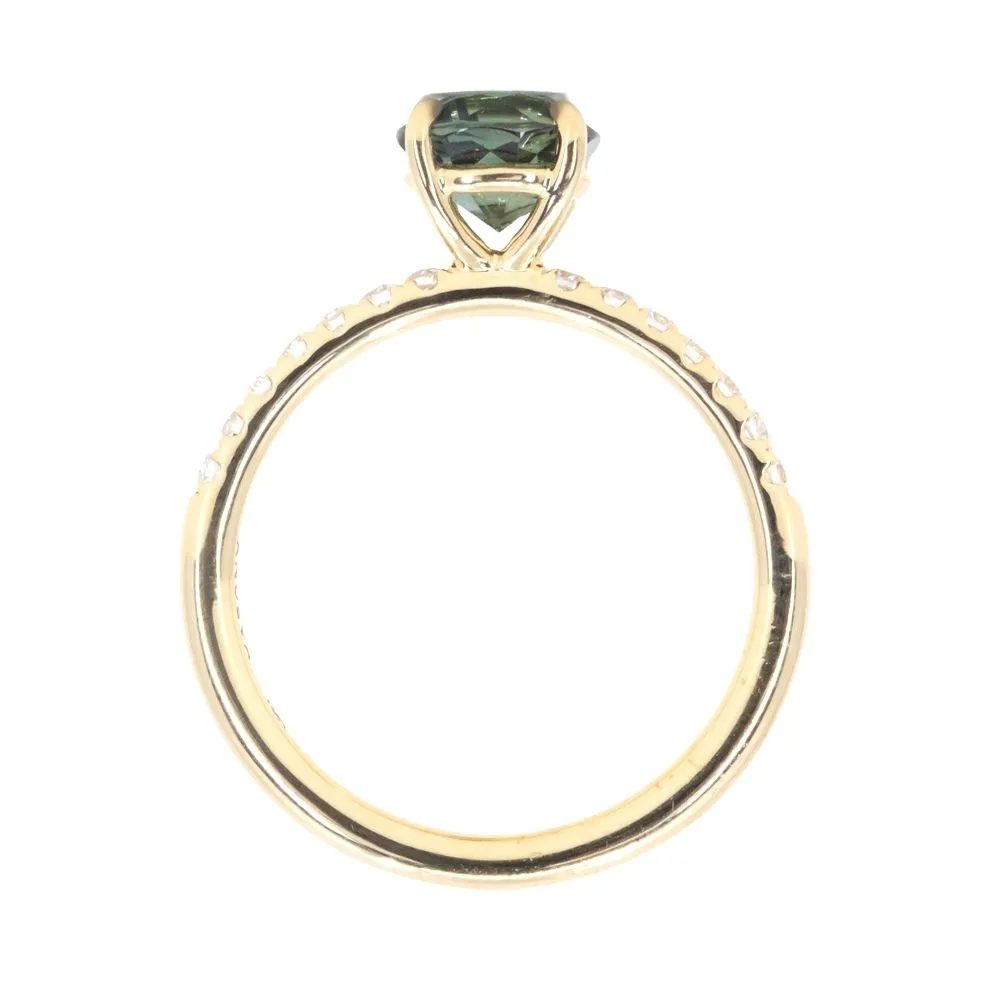 1.42ct Round Deep Green Madagascar Sapphire and French Set Diamond Solitaire in 18k Yellow Gold