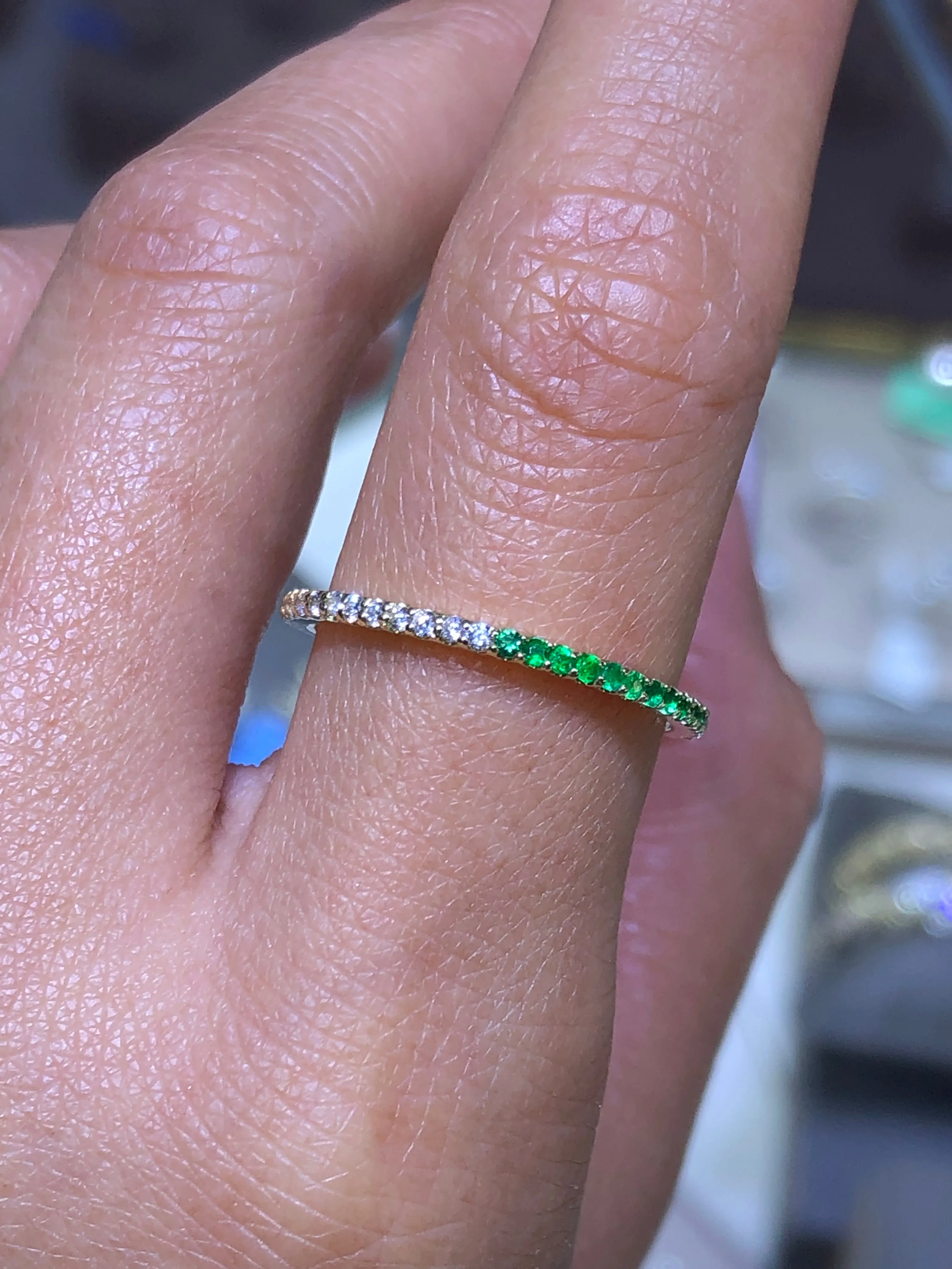 14K Gold 1MM Diamond and Emerald Eternity Band