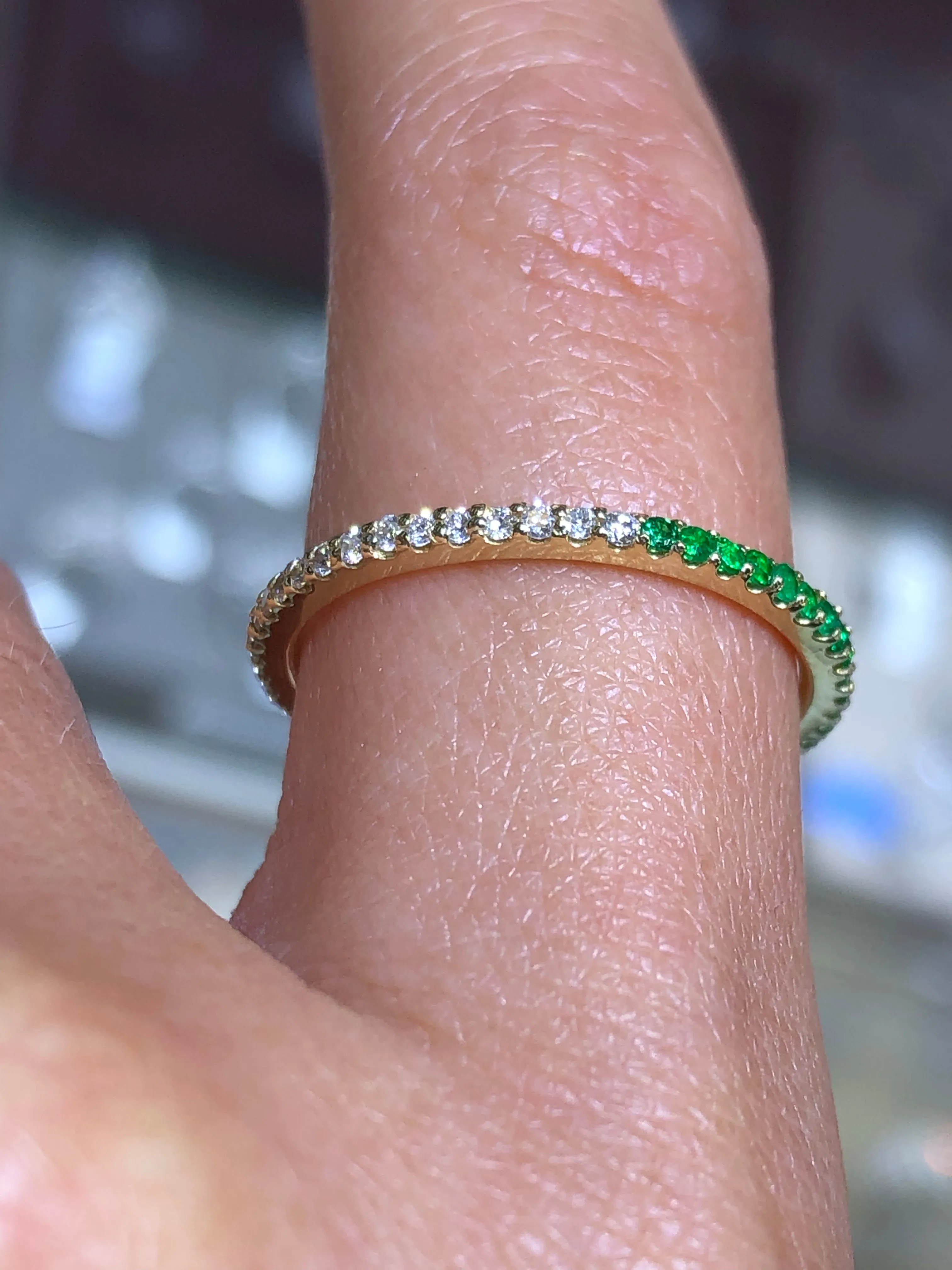 14K Gold 1MM Diamond and Emerald Eternity Band