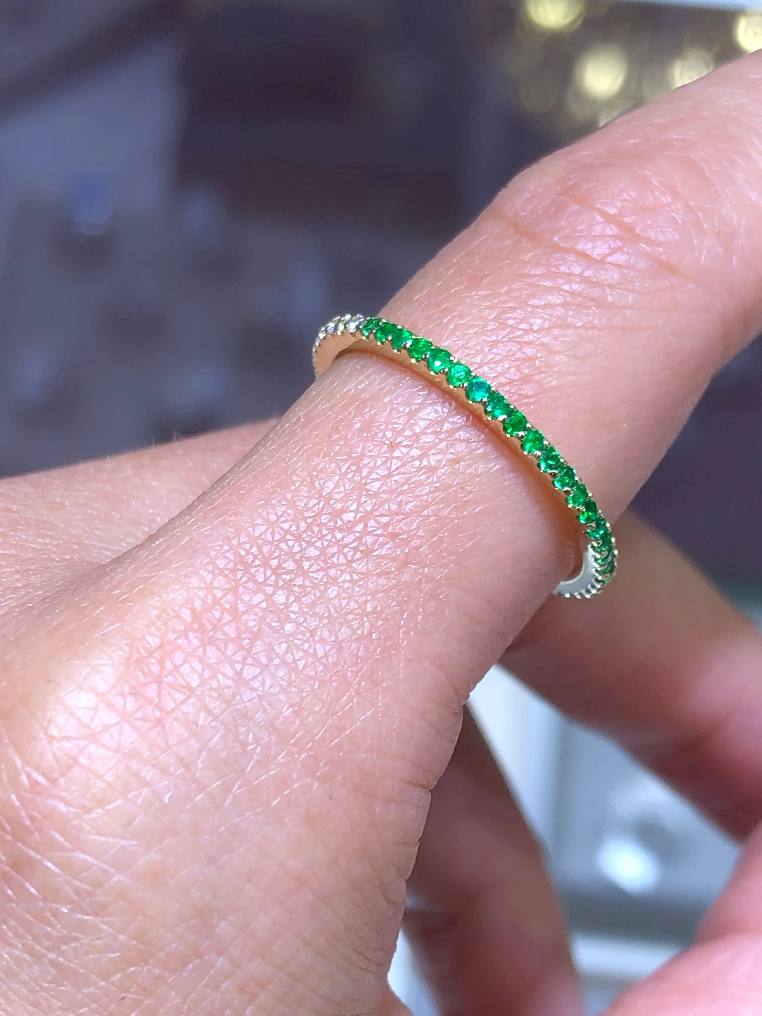 14K Gold 1MM Diamond and Emerald Eternity Band