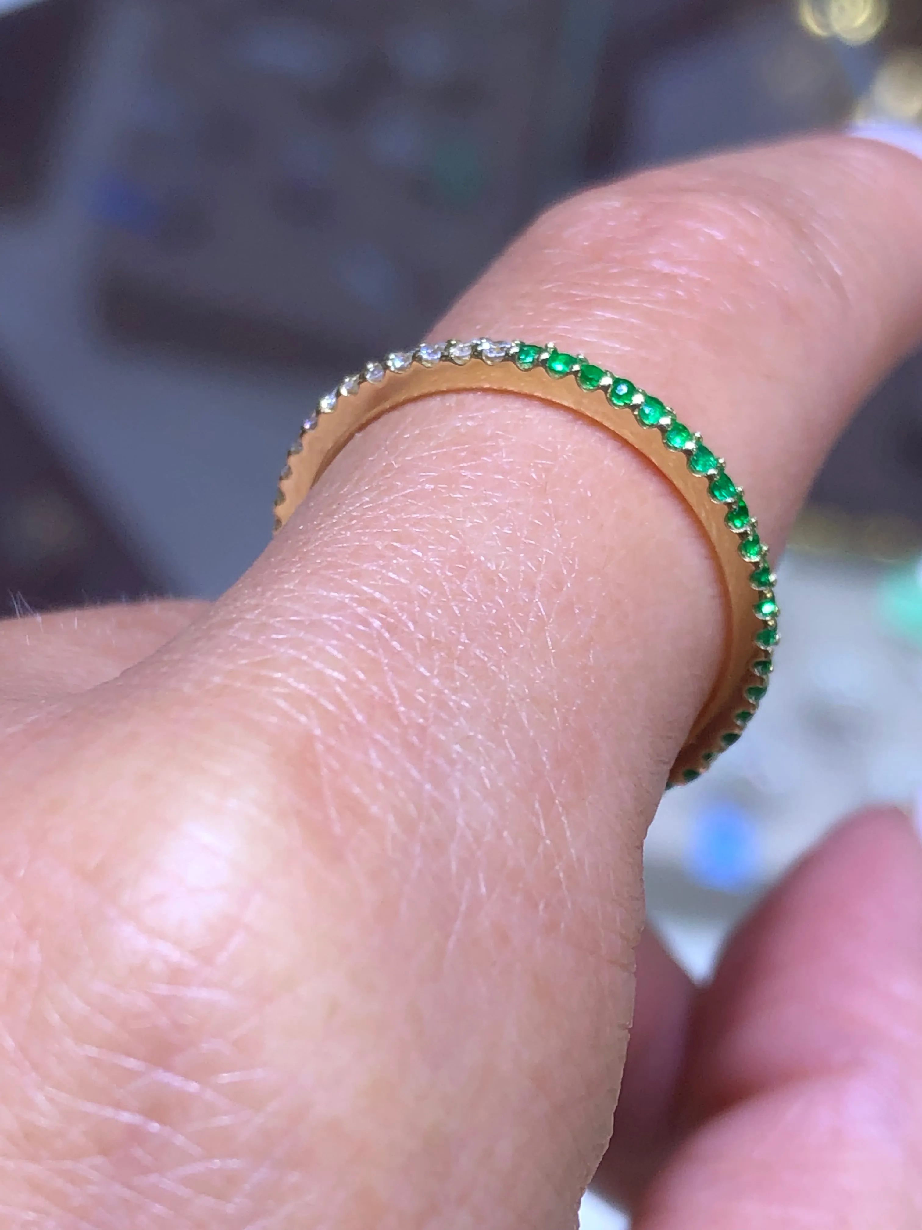 14K Gold 1MM Diamond and Emerald Eternity Band