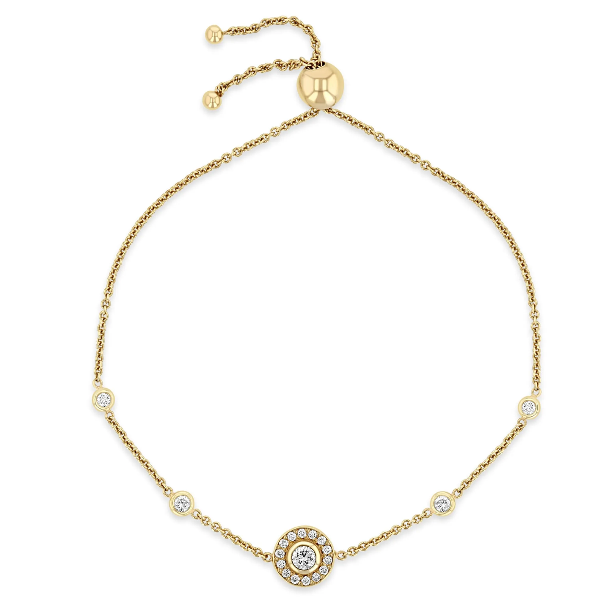 14k Round Diamond Halo Bolo Bracelet with Floating Diamond Stations