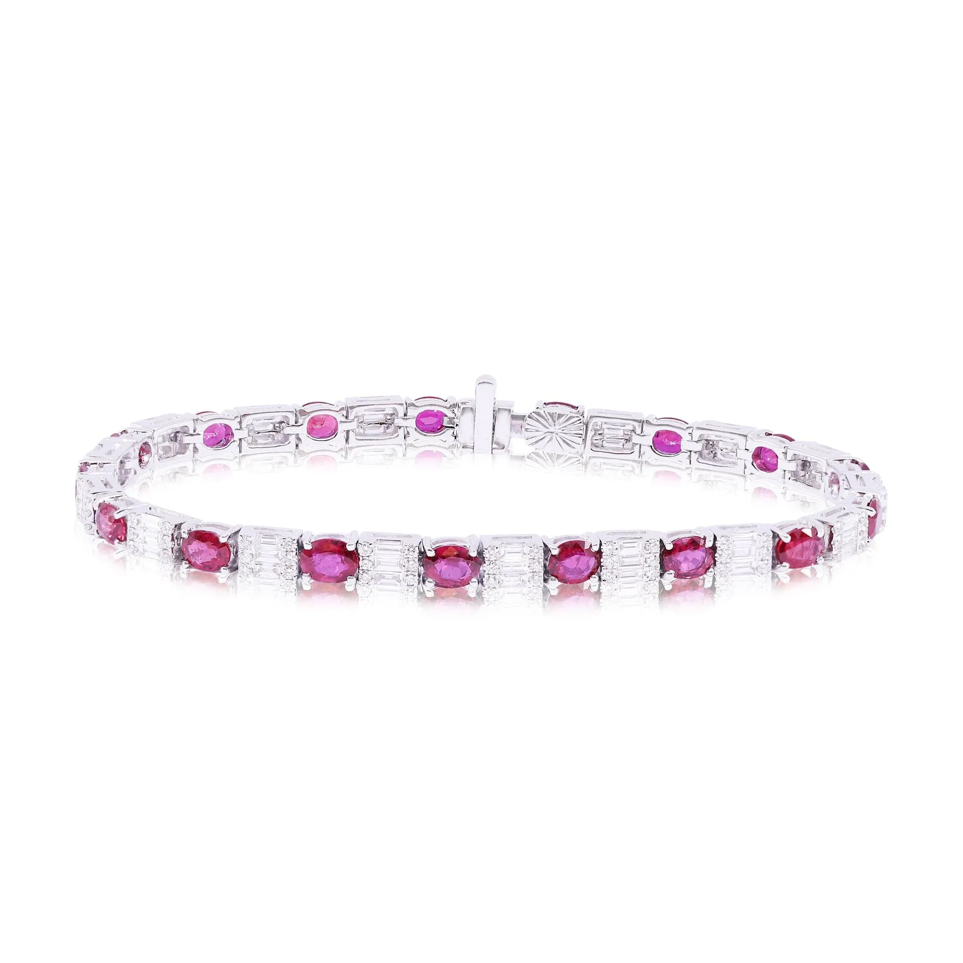 18K WHITE GOLD 7-INCH STRAIGHT LINE ALTERNATING OVAL RUBY, BAGUETTE AND ROUND DIAMOND BRACELET