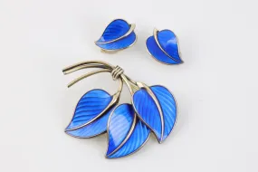 925 Silver Blue Leaf Brooch and Clip On Earring Set (22.42g.)