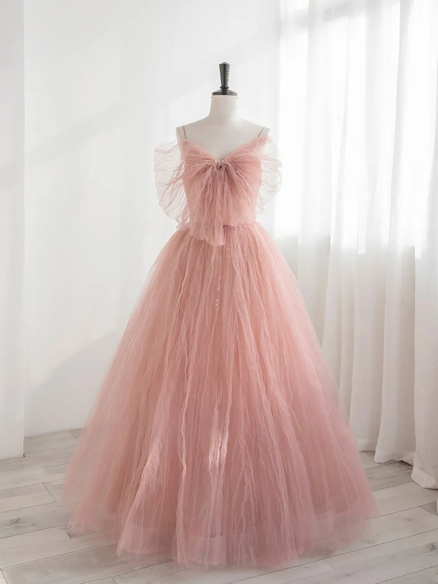 A-Line Pink Tulle Sequin Long Prom Dresses, Pink Formal Evening Dresses