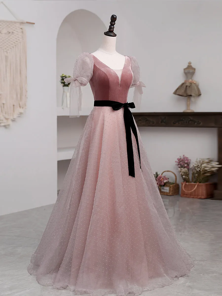 A-Line Pink Tulle Velvet Long Prom Dress, Pink Formal Dresses