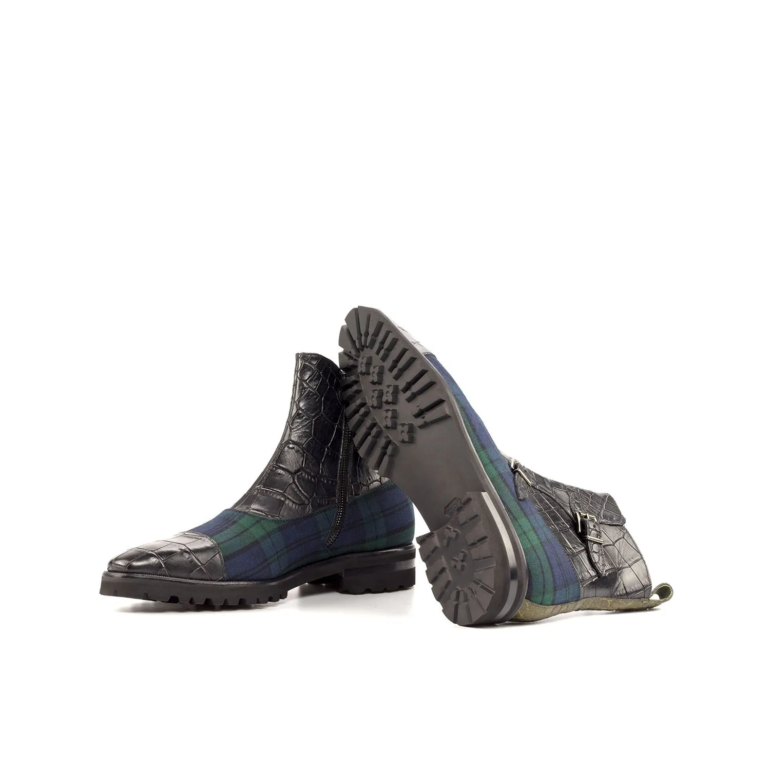 Ambrogio Bespoke Custom Men's Shoes Black, Blue & Green Fabric / Crocodile Print / Calf-Skin Leather Buckle Boots (AMB1992)