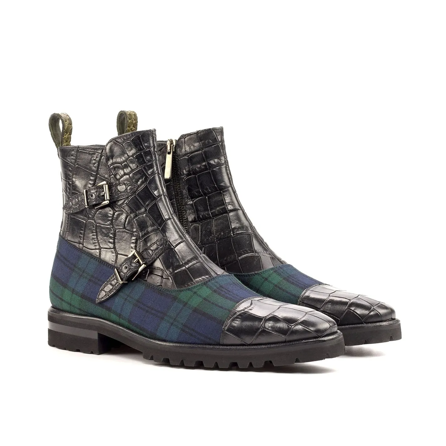 Ambrogio Bespoke Custom Men's Shoes Black, Blue & Green Fabric / Crocodile Print / Calf-Skin Leather Buckle Boots (AMB1992)