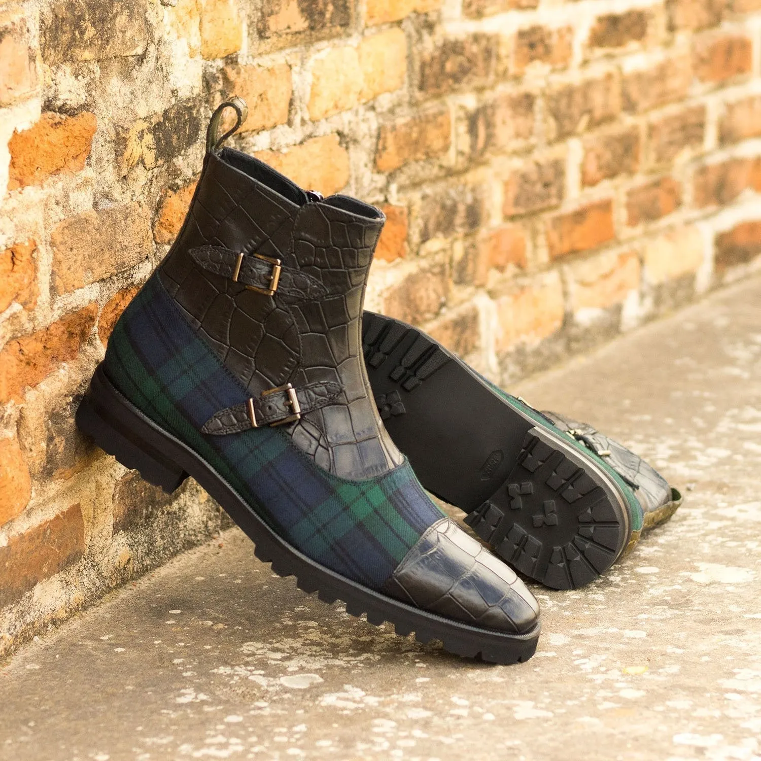 Ambrogio Bespoke Custom Men's Shoes Black, Blue & Green Fabric / Crocodile Print / Calf-Skin Leather Buckle Boots (AMB1992)