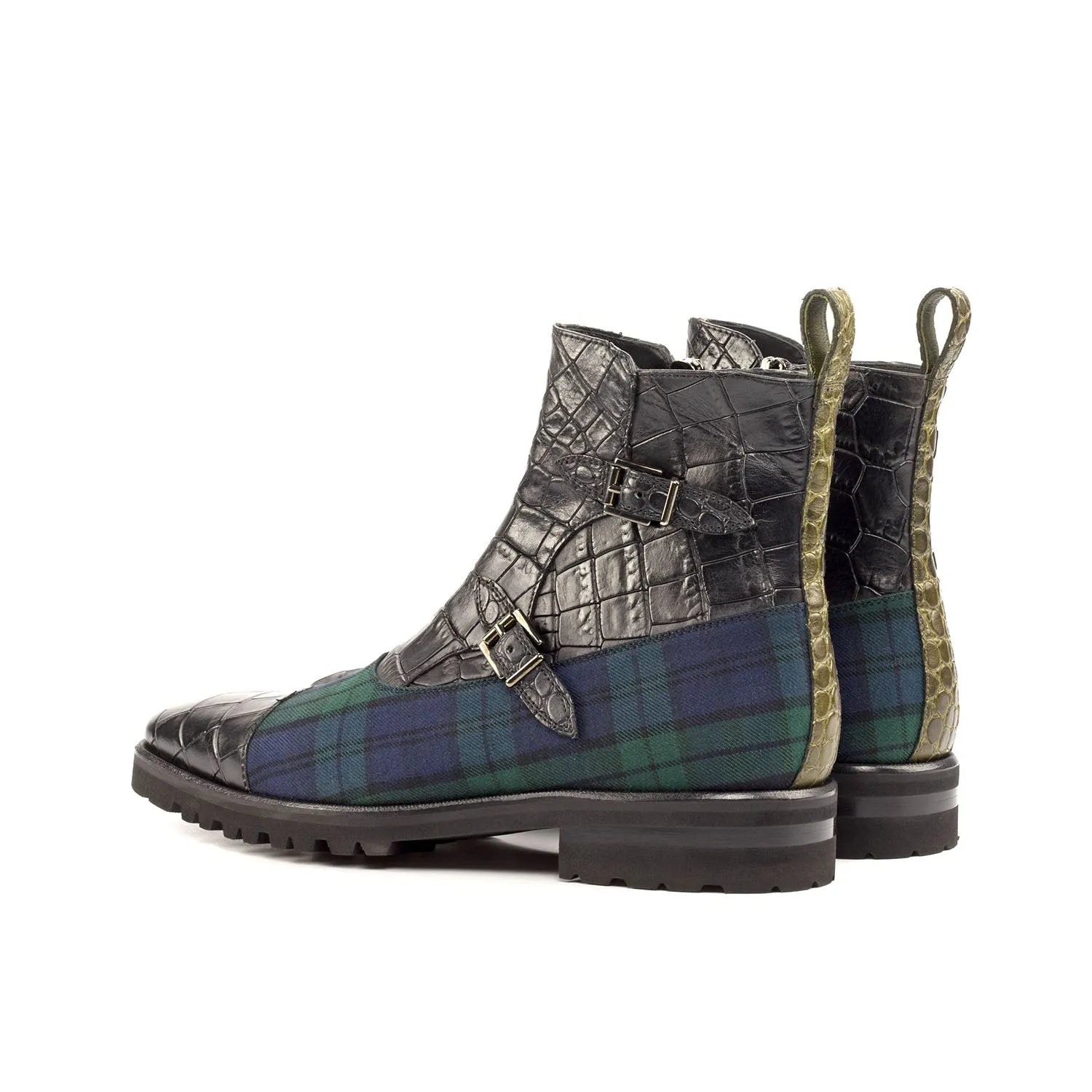 Ambrogio Bespoke Custom Men's Shoes Black, Blue & Green Fabric / Crocodile Print / Calf-Skin Leather Buckle Boots (AMB1992)