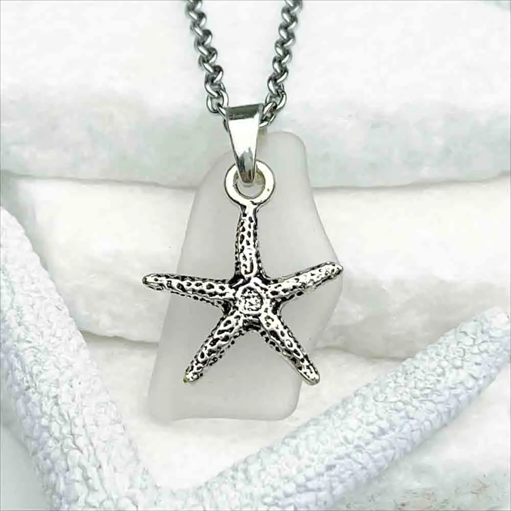 Angled Clear Sea Glass Pendant with Starfish Charm | 5244