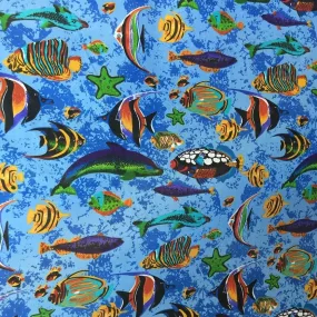 Aqua Blue Aquarium Fish Tank Print Poly Cotton Fabric