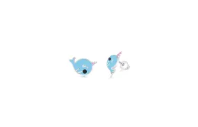 Blue Narwhal Pink Horn White Gold Palladium Plating Girl's Stud Earring