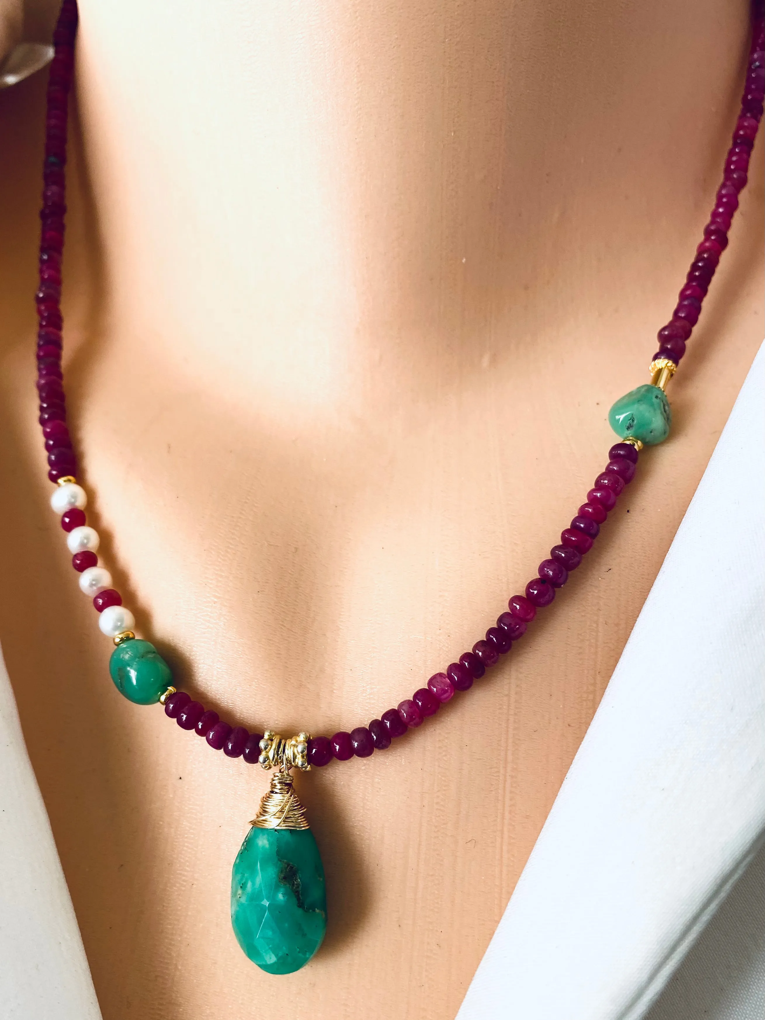 Chrysoprase & Rubies Necklace, Vermeil, Gold Plated Silver, 18in