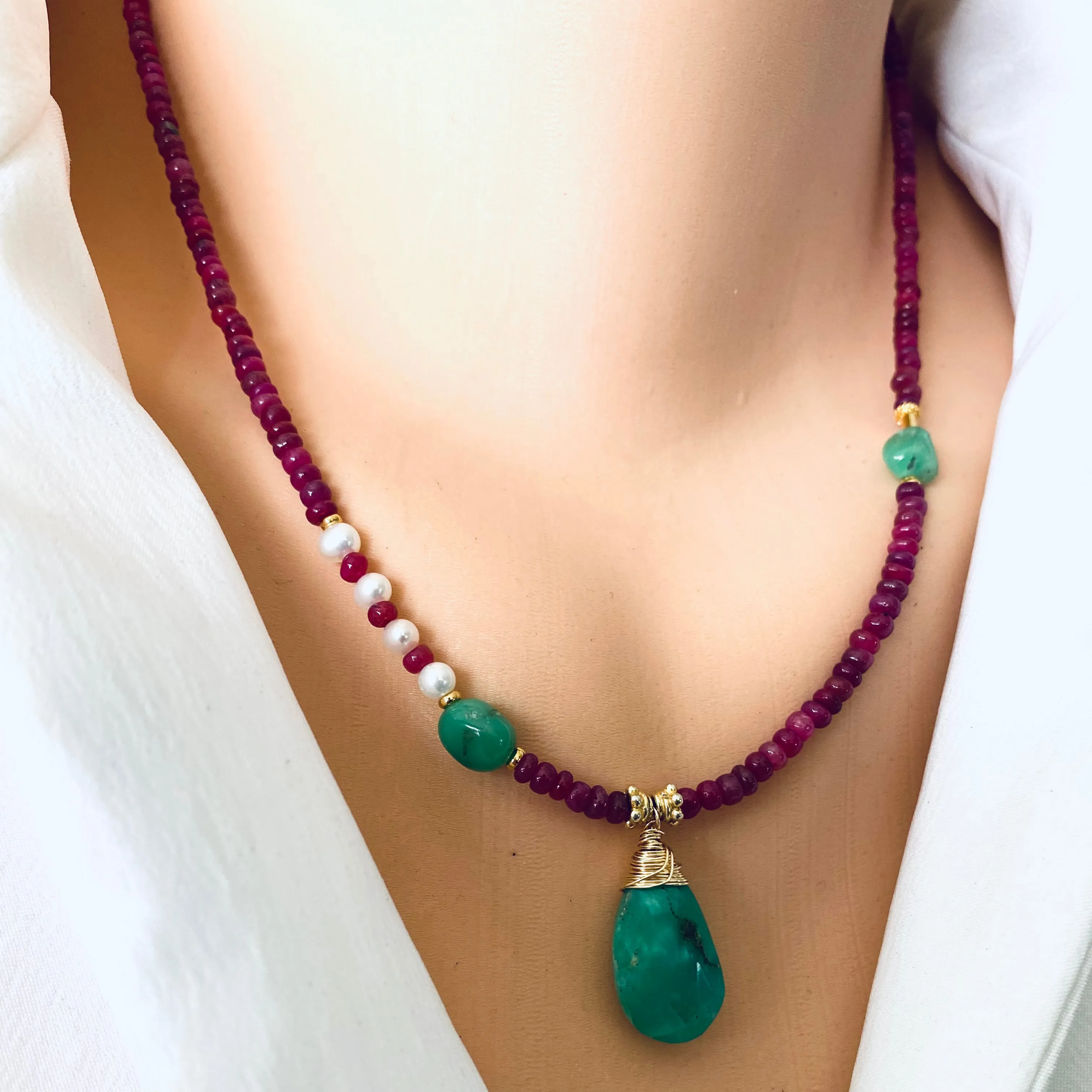 Chrysoprase & Rubies Necklace, Vermeil, Gold Plated Silver, 18in