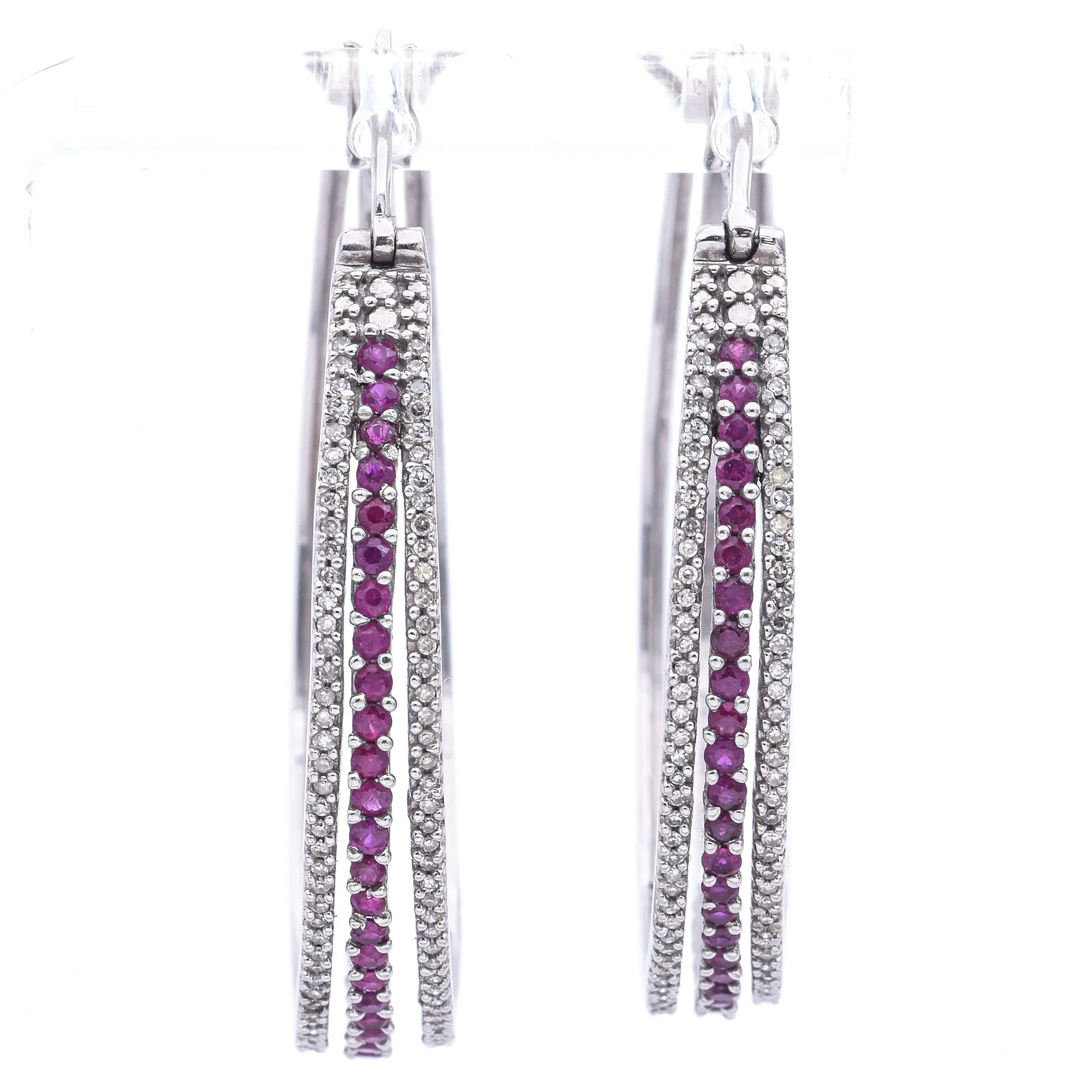 Estate 10K White Gold Ruby & 1.00 TCW Diamond Hoop Earrings 43 mm