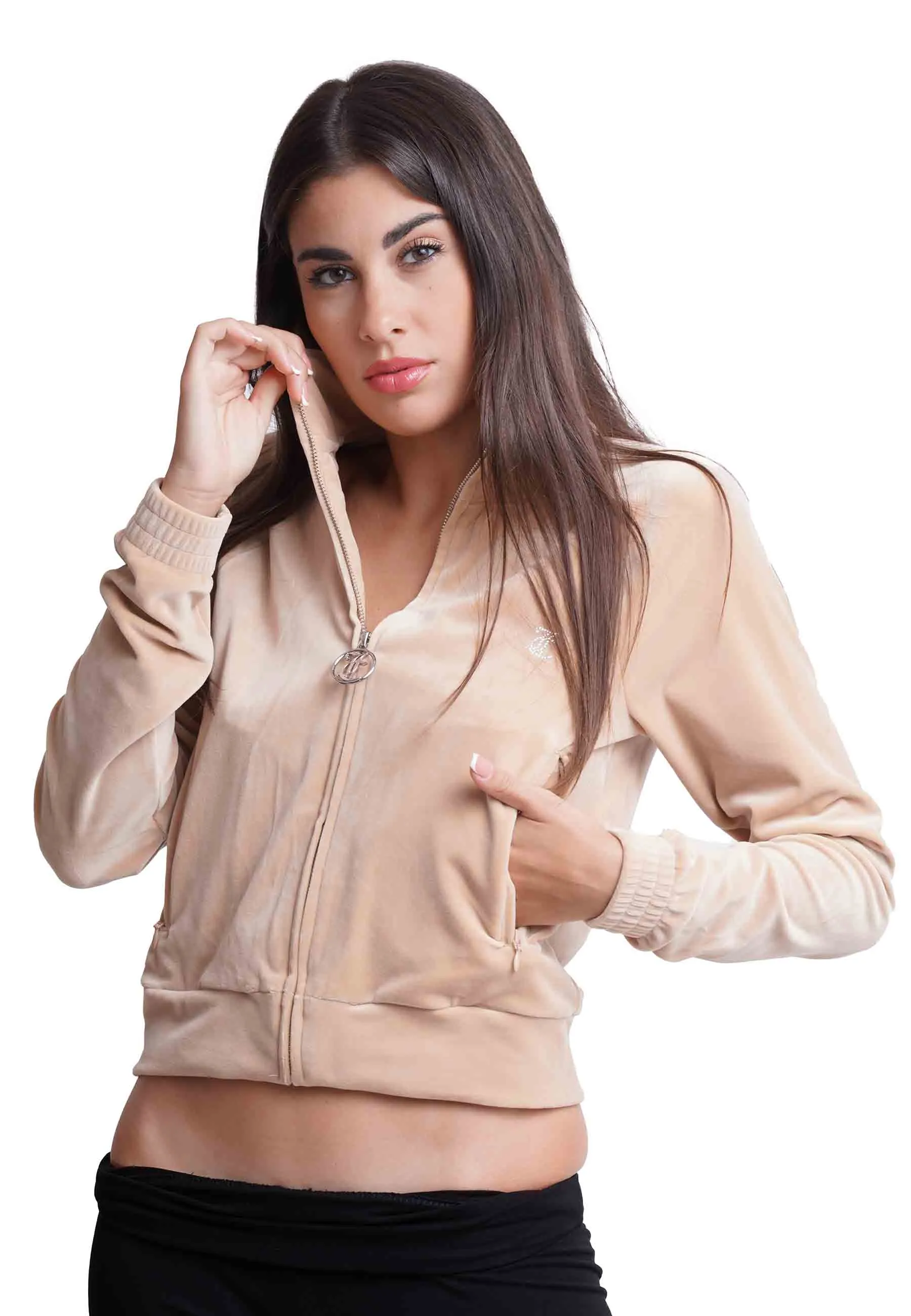 Felpa donna Diamond in velluto beige con strass