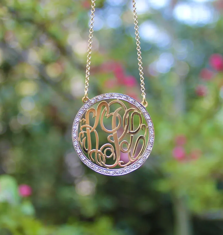 Gold CZ Round Rimmed Monogram Necklace