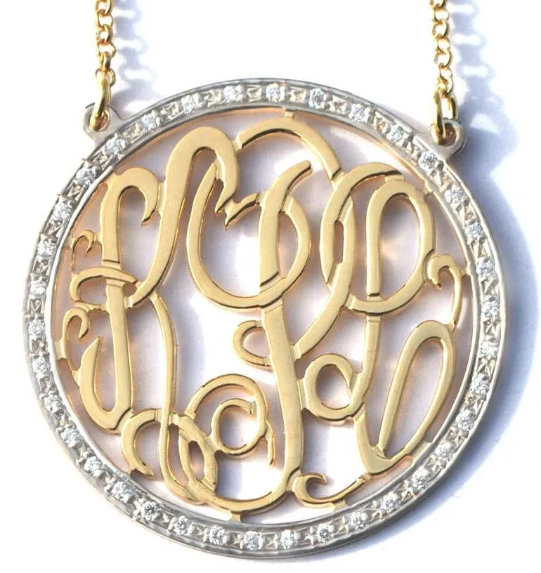 Gold CZ Round Rimmed Monogram Necklace