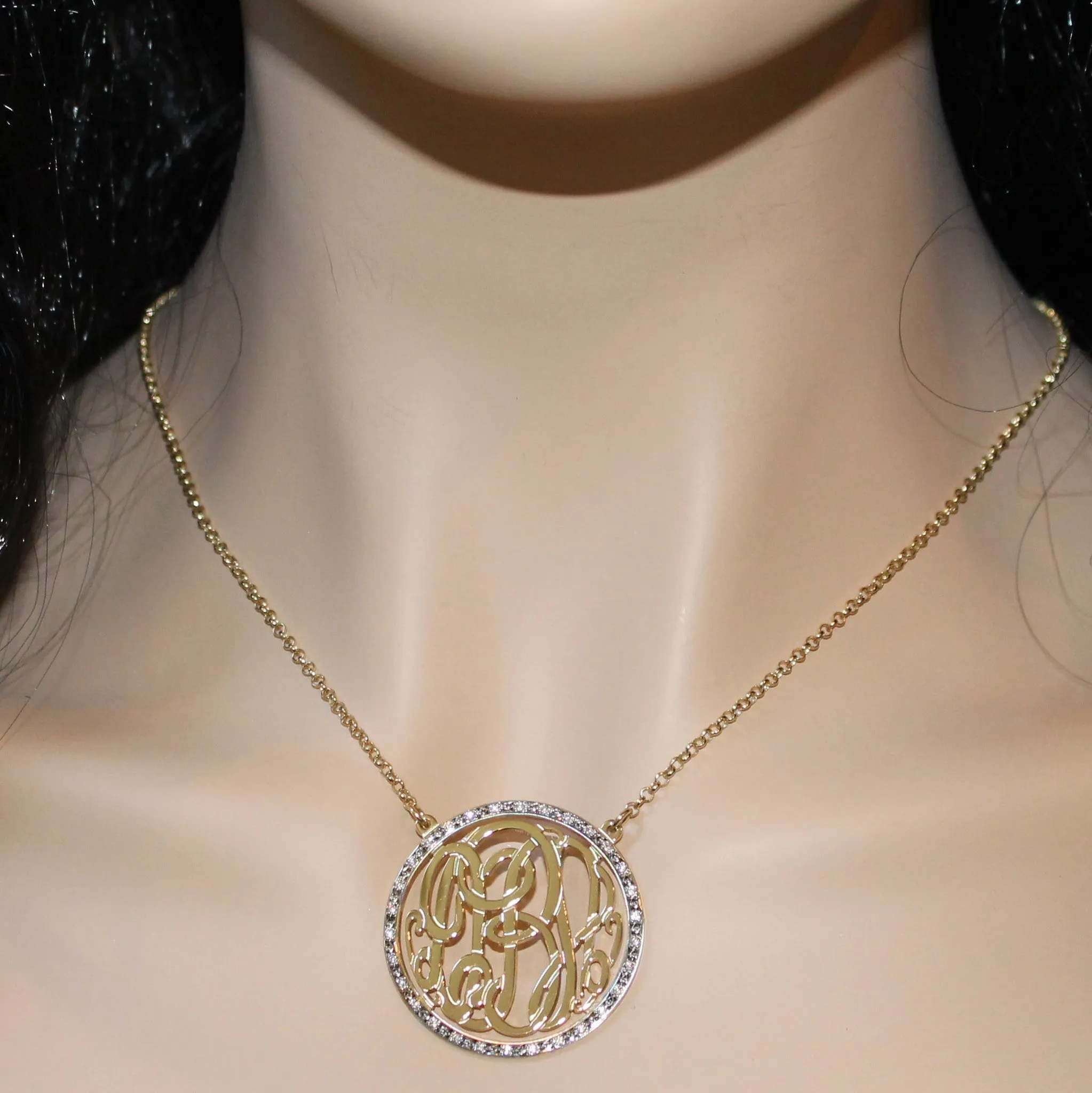 Gold CZ Round Rimmed Monogram Necklace