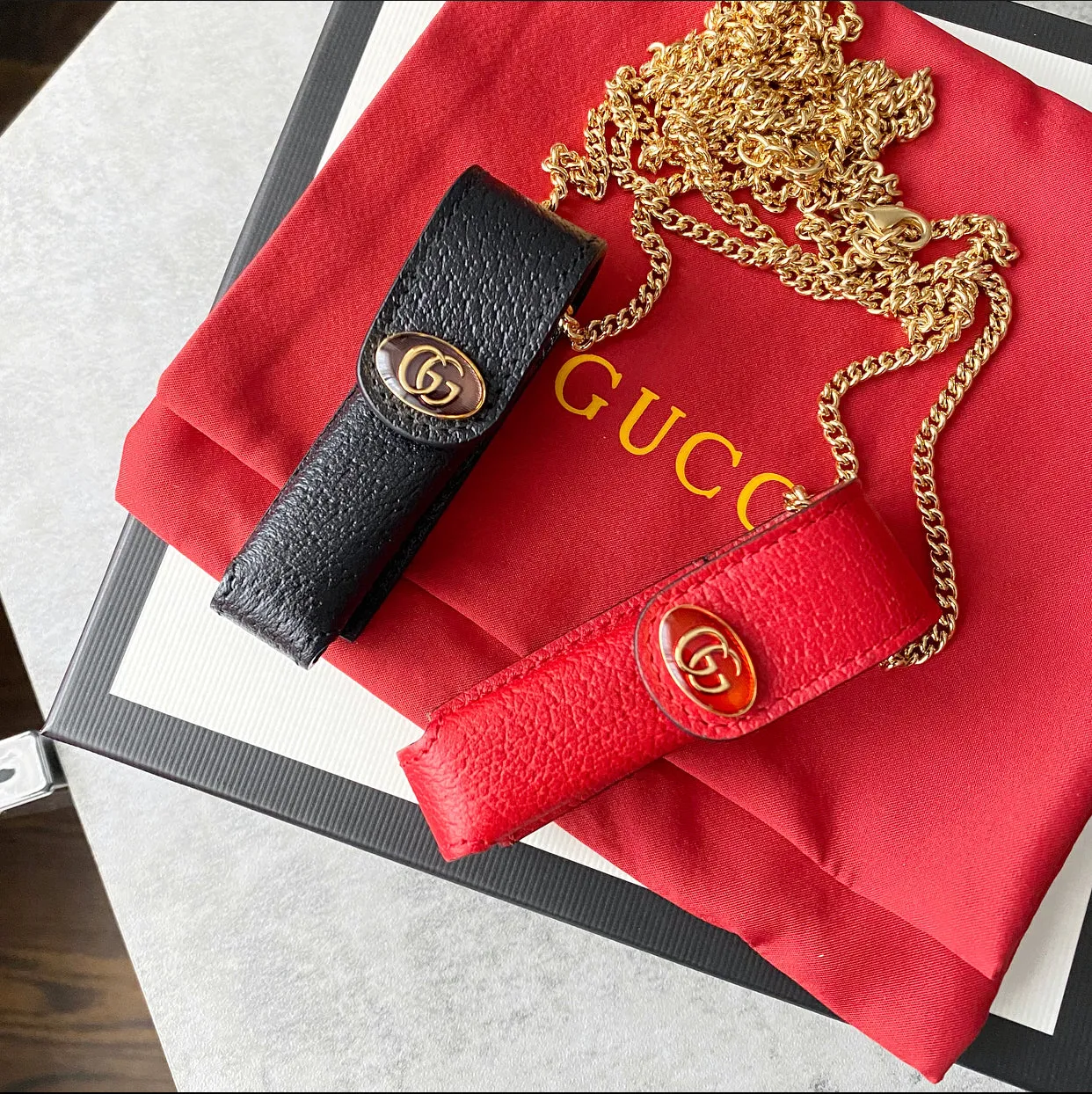 Gucci Red Leather Monogram Lipstick Holder