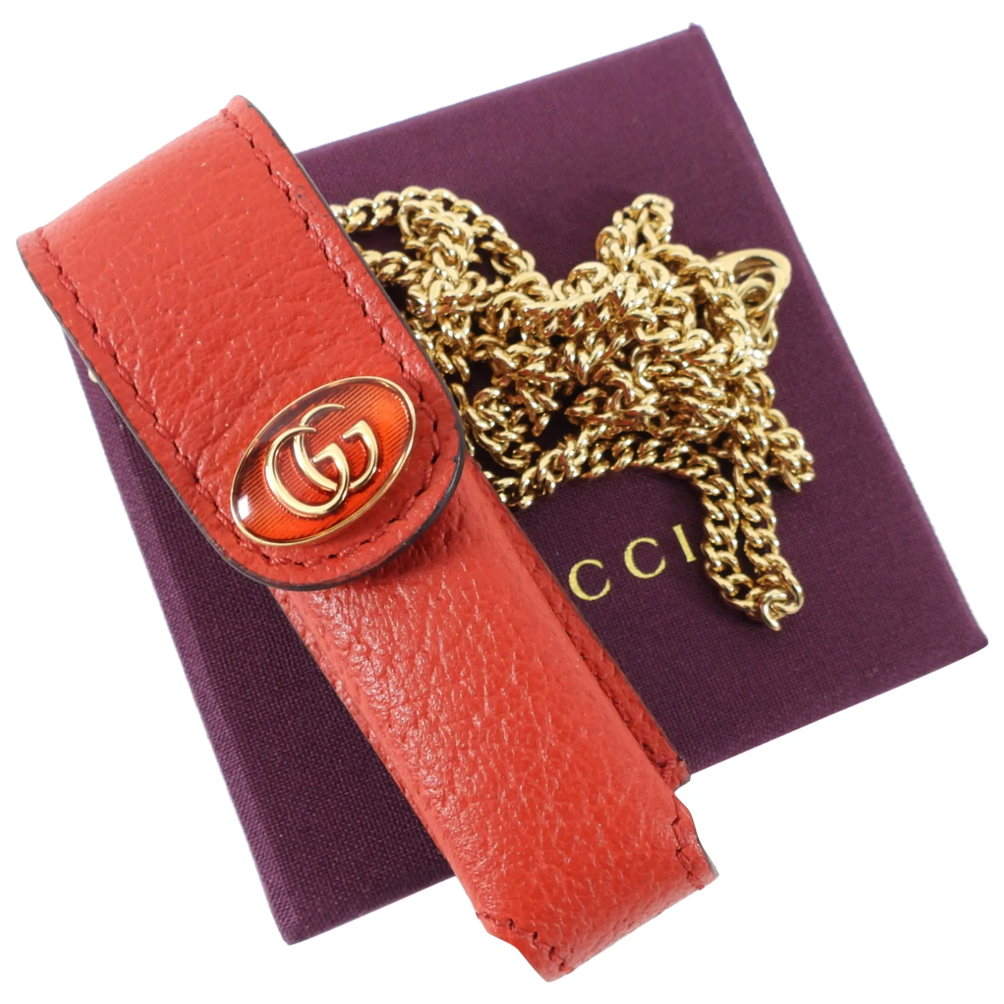 Gucci Red Leather Monogram Lipstick Holder