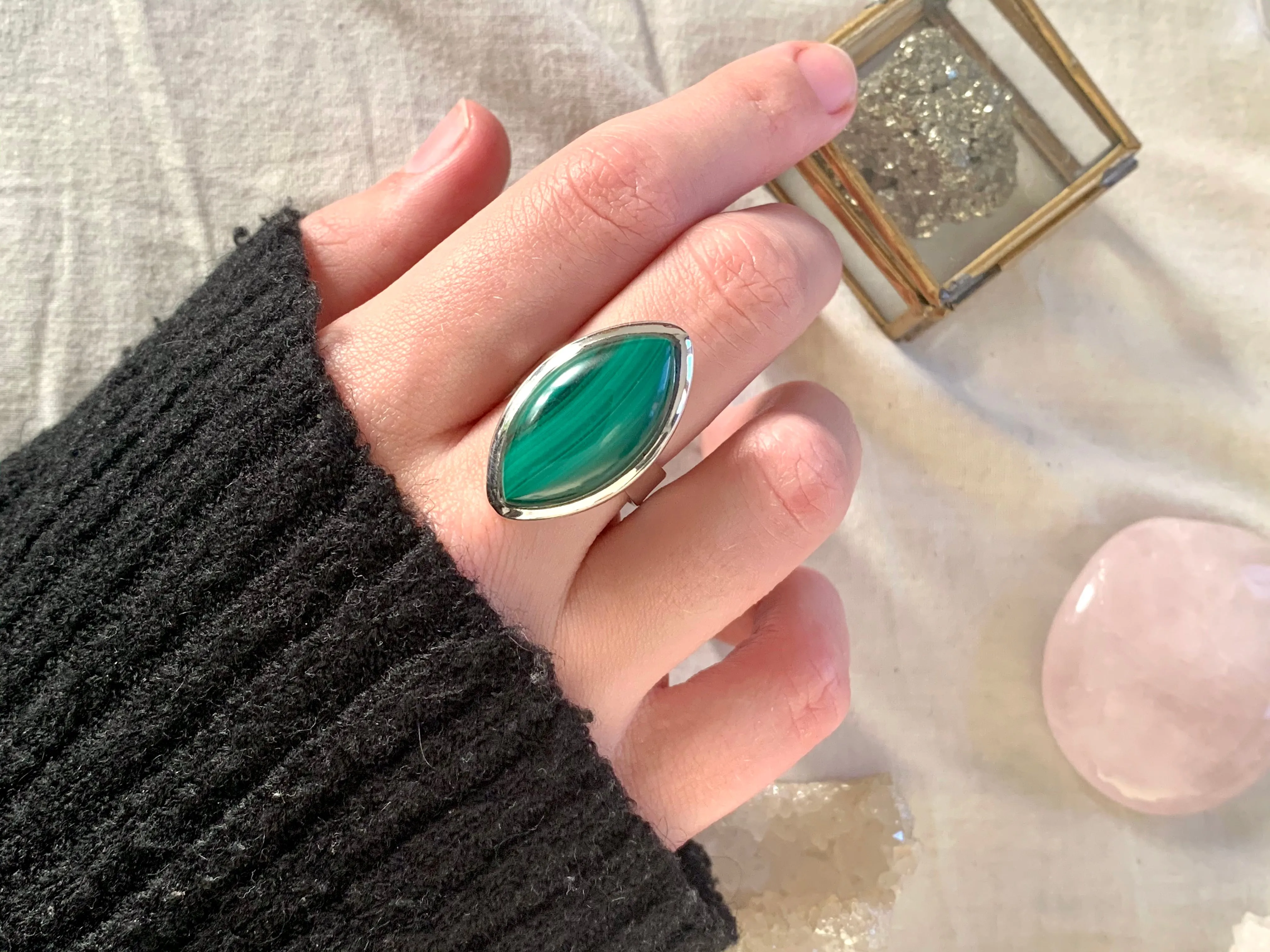 Malachite Adjustable Ring - Marquise