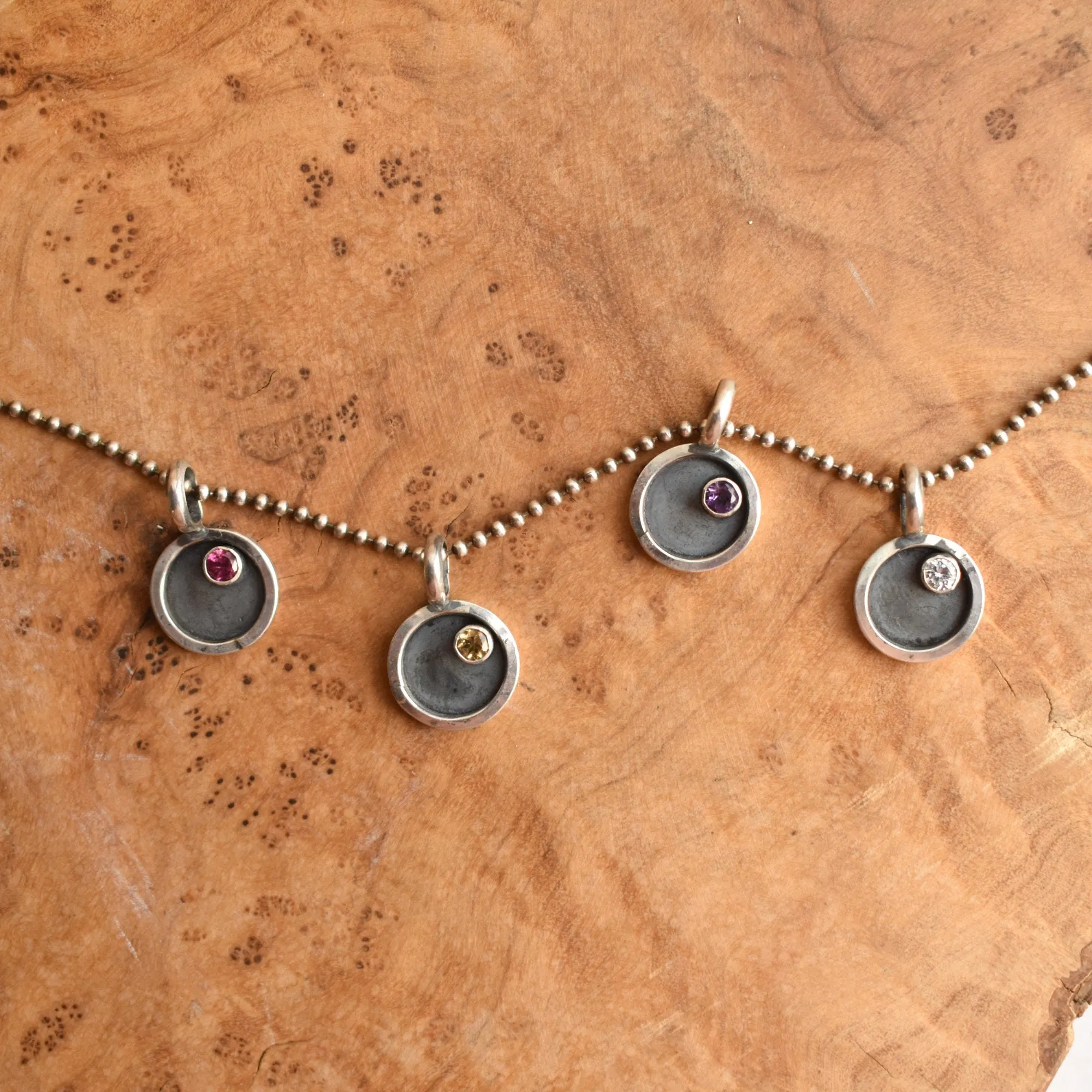 Mod Circle Pendant - Gemstone Necklace - Amethyst - Citrine - Garnet - CZ - .925 Sterling Silver - Choose Your Stone