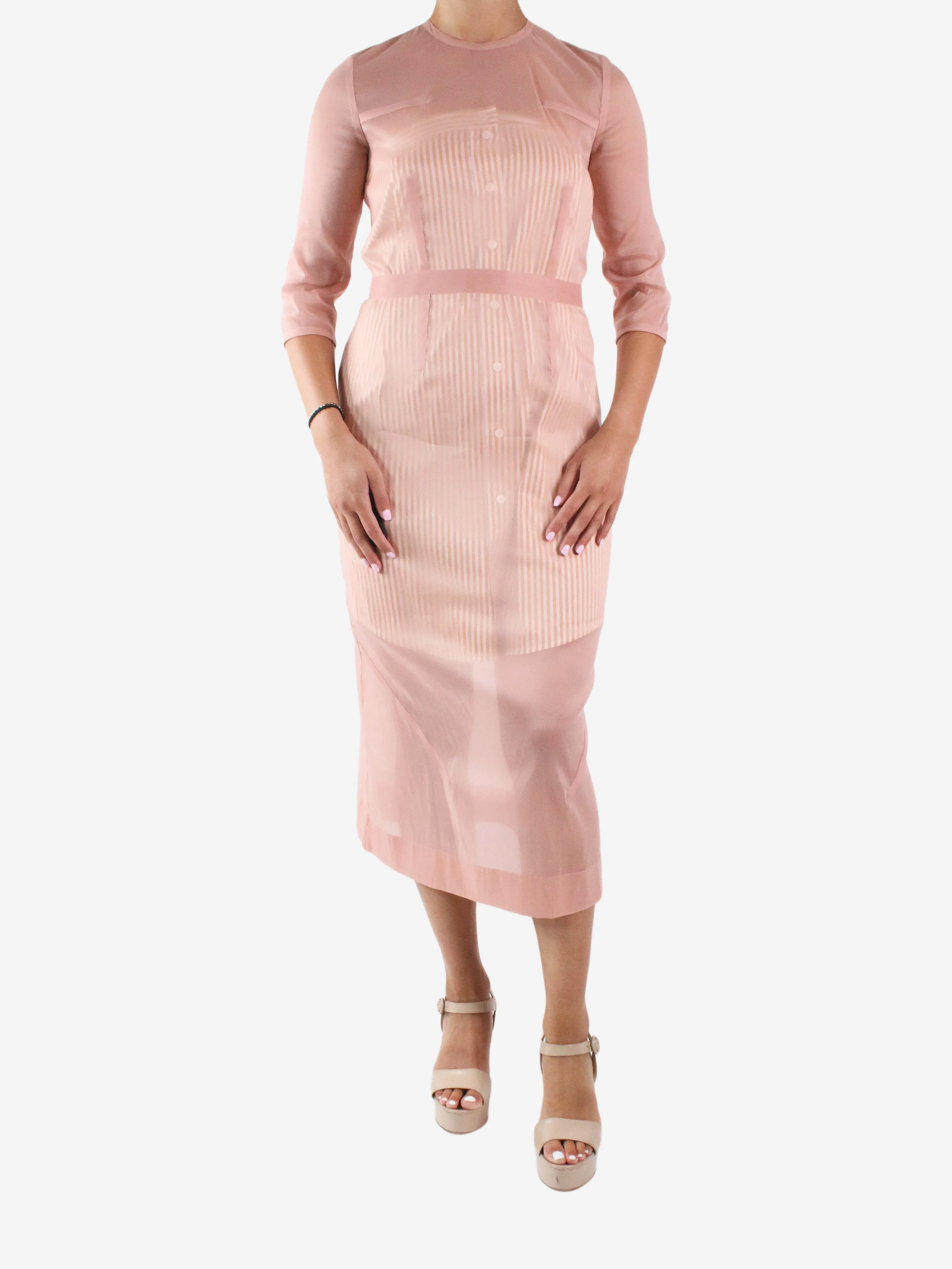 Pink organza midi dress with striped midi slip - size UK 10