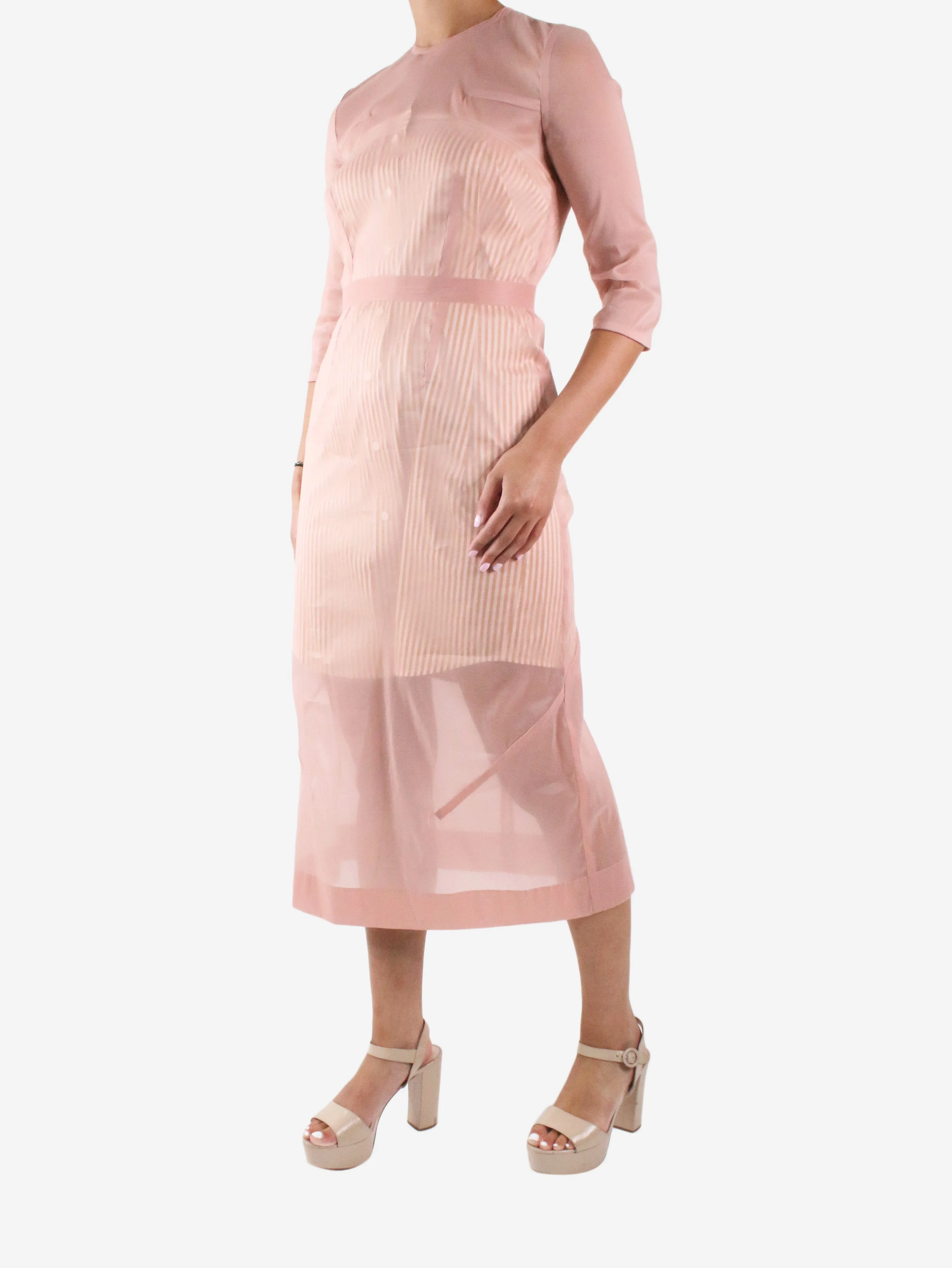 Pink organza midi dress with striped midi slip - size UK 10