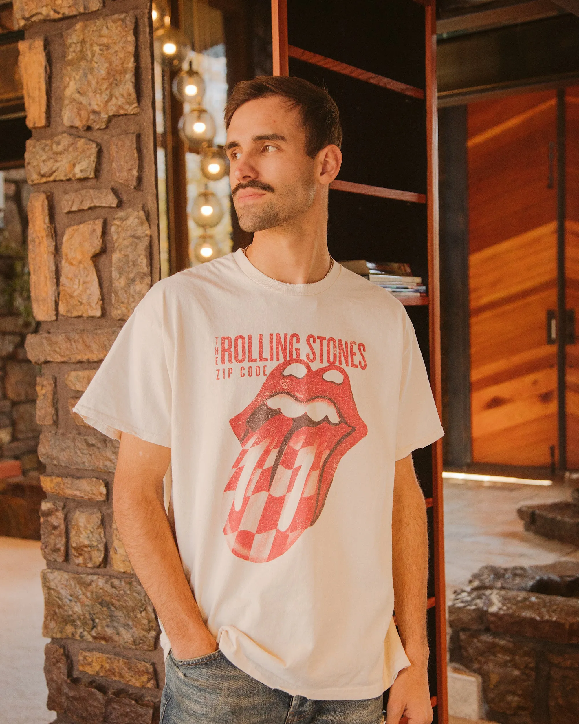 Rolling Stones Zip Code Off White Thrifted Distressed Tee