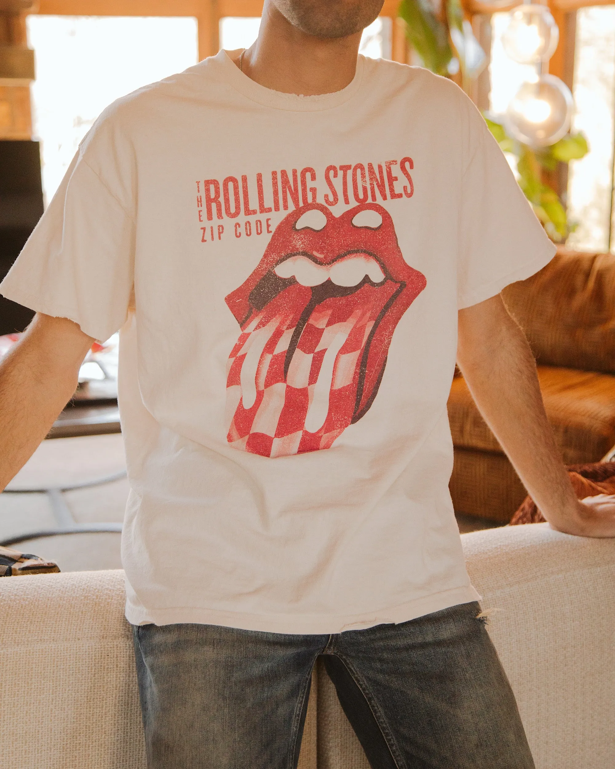 Rolling Stones Zip Code Off White Thrifted Distressed Tee