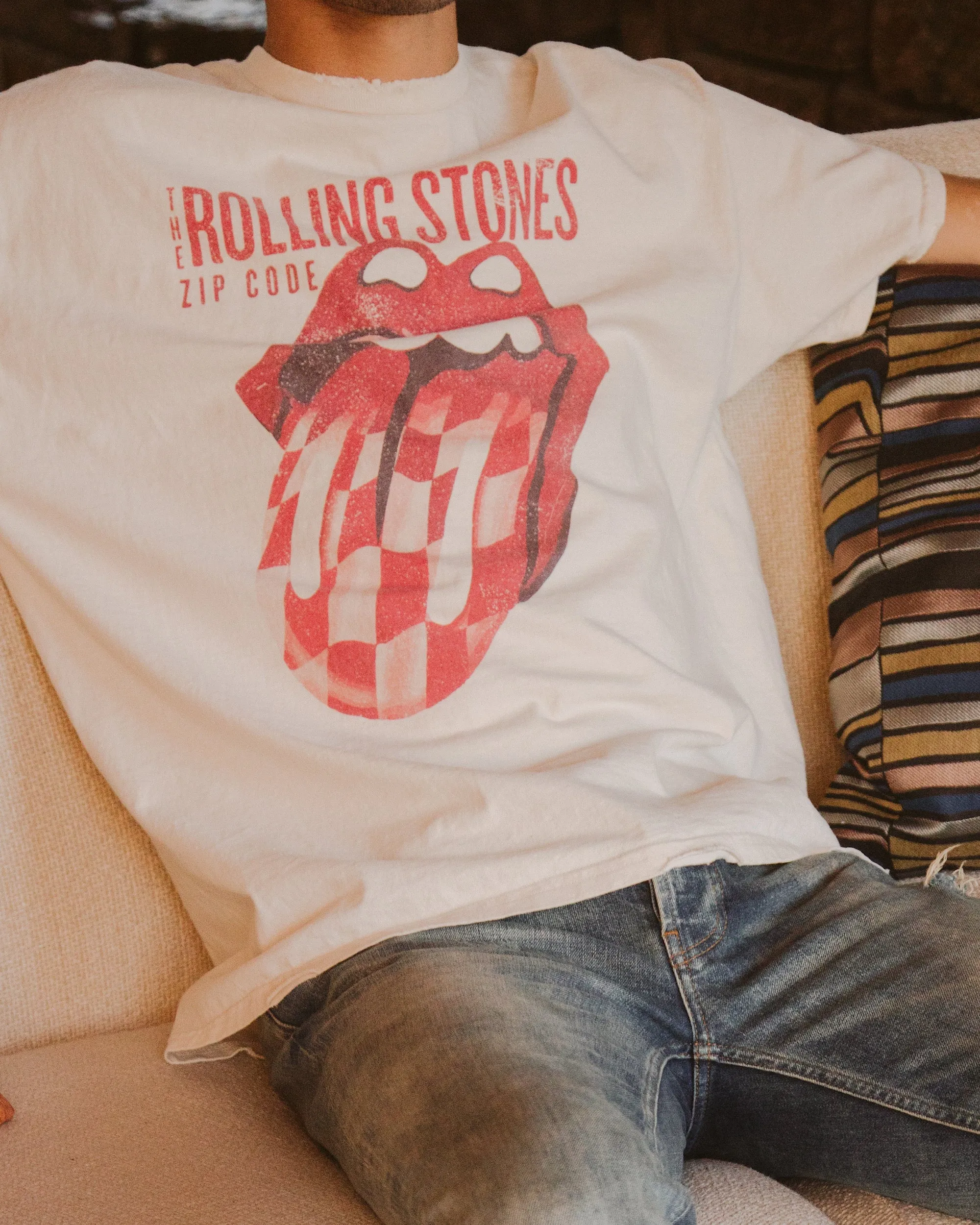 Rolling Stones Zip Code Off White Thrifted Distressed Tee