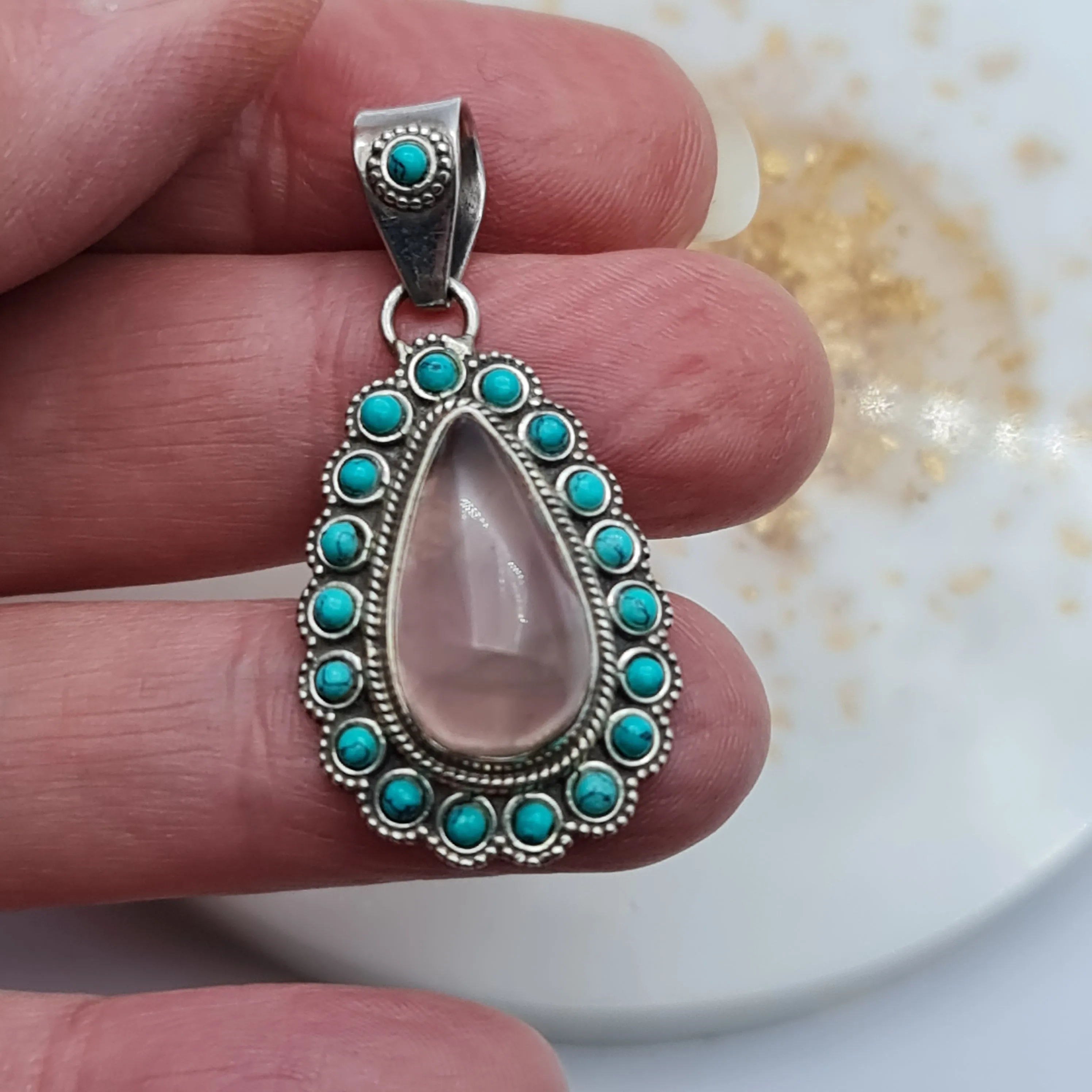 Rose Quartz and Turquoise Stone pendant large