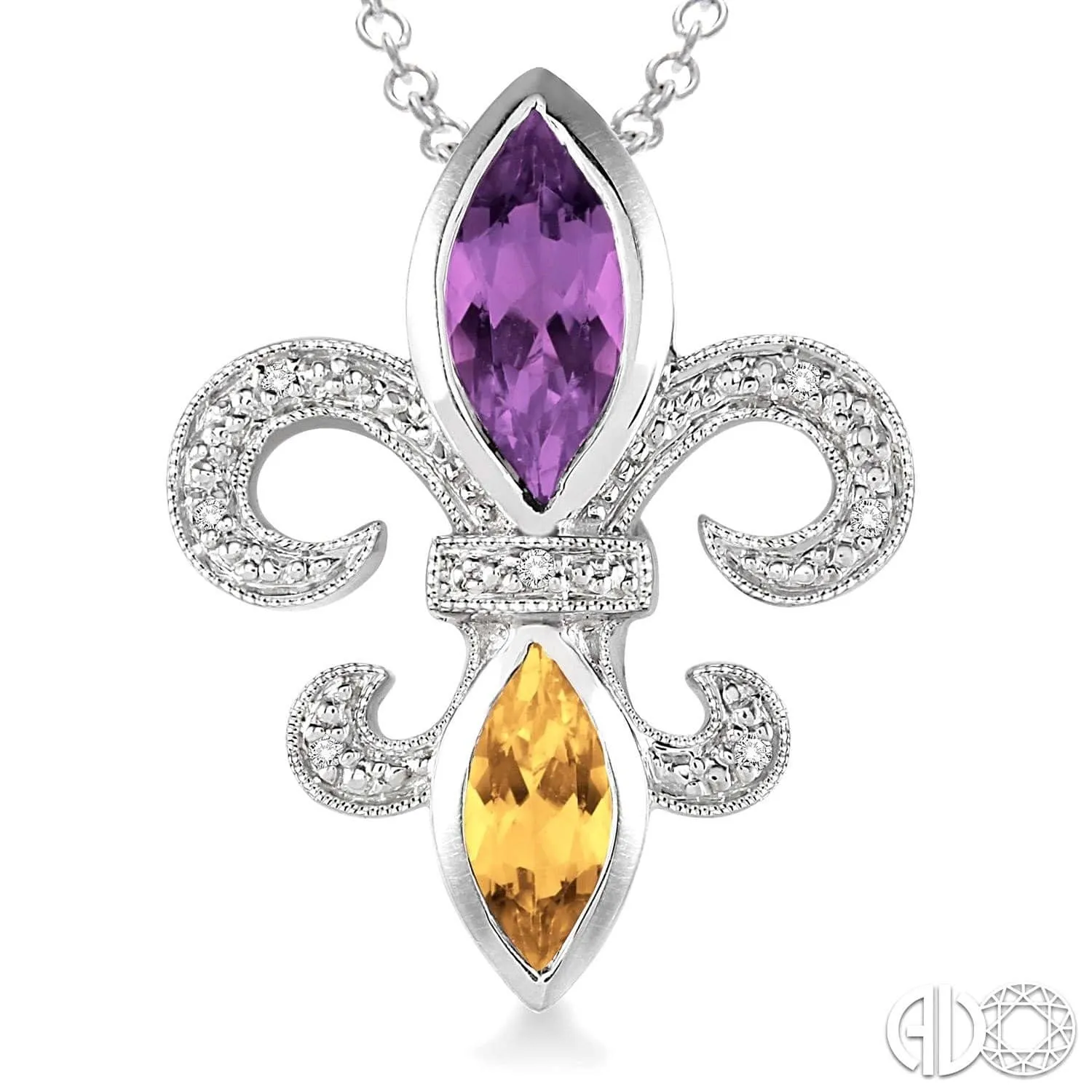 Silver Fleur De Lis Gemstone & Diamond Pendant, LSU Color Necklace