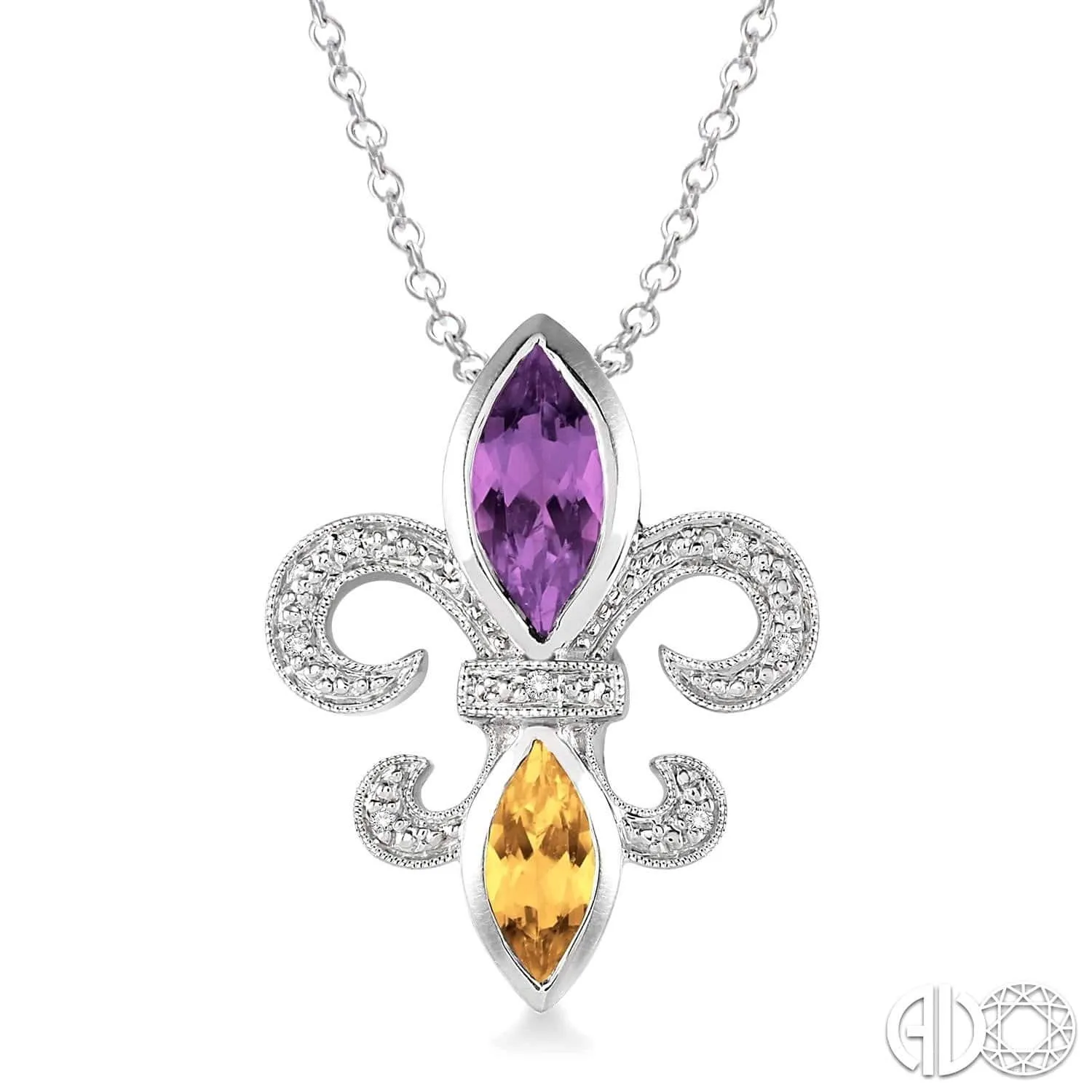 Silver Fleur De Lis Gemstone & Diamond Pendant, LSU Color Necklace