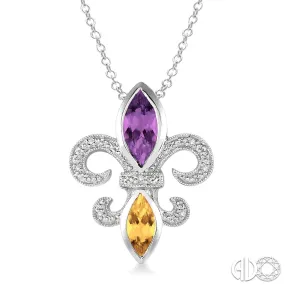 Silver Fleur De Lis Gemstone & Diamond Pendant, LSU Color Necklace