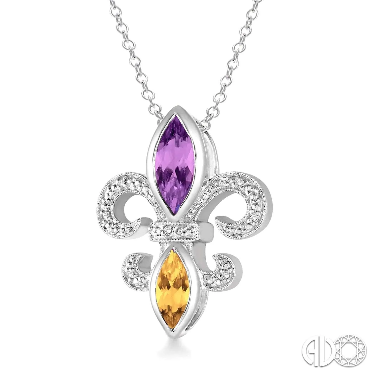 Silver Fleur De Lis Gemstone & Diamond Pendant, LSU Color Necklace