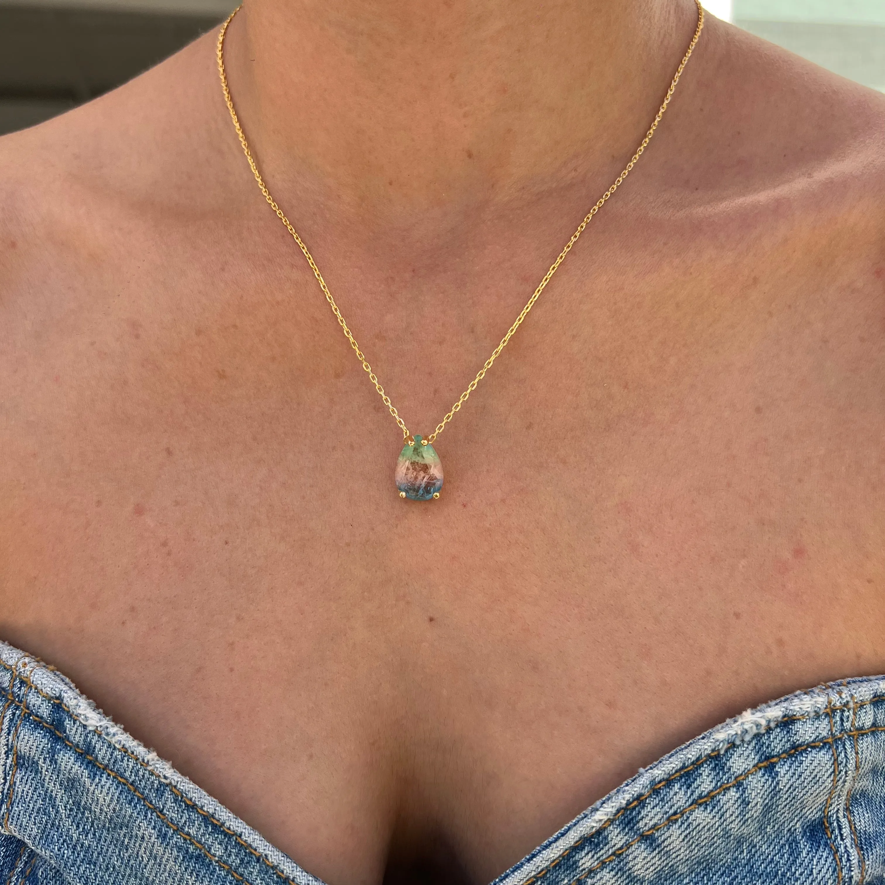 Silver gold plated pear blue/pink/green ombre stone necklace