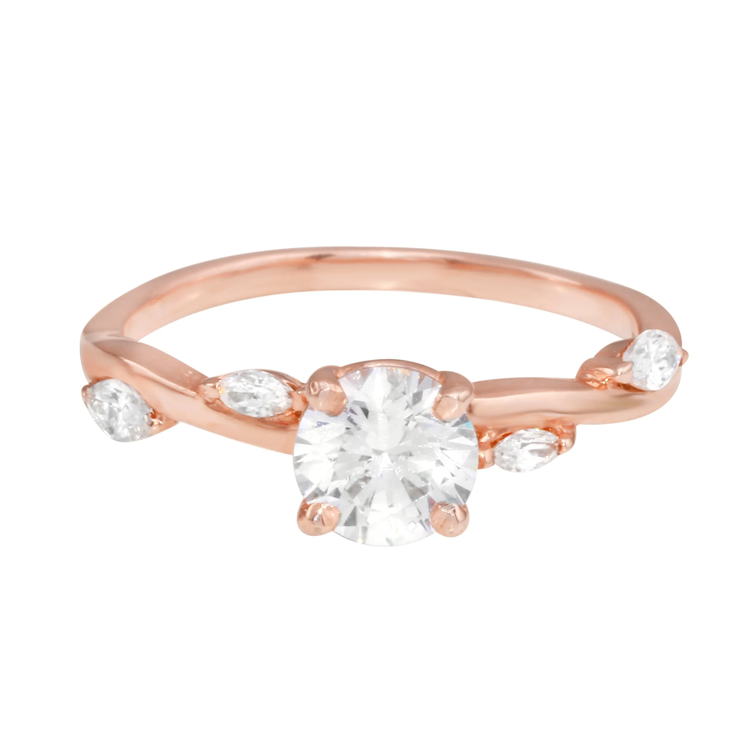 Solitaire Diamond and Marquise Leaf Twisted Band Engagement Ring