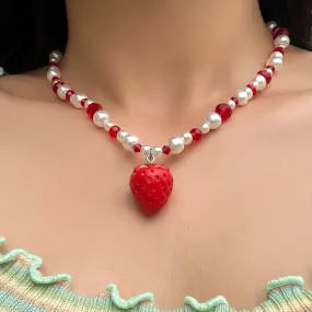 Strawberry Pendant Necklace With Faux Pearl Crystal Beads, Cute Fruit Design Gift Accessories Ornament