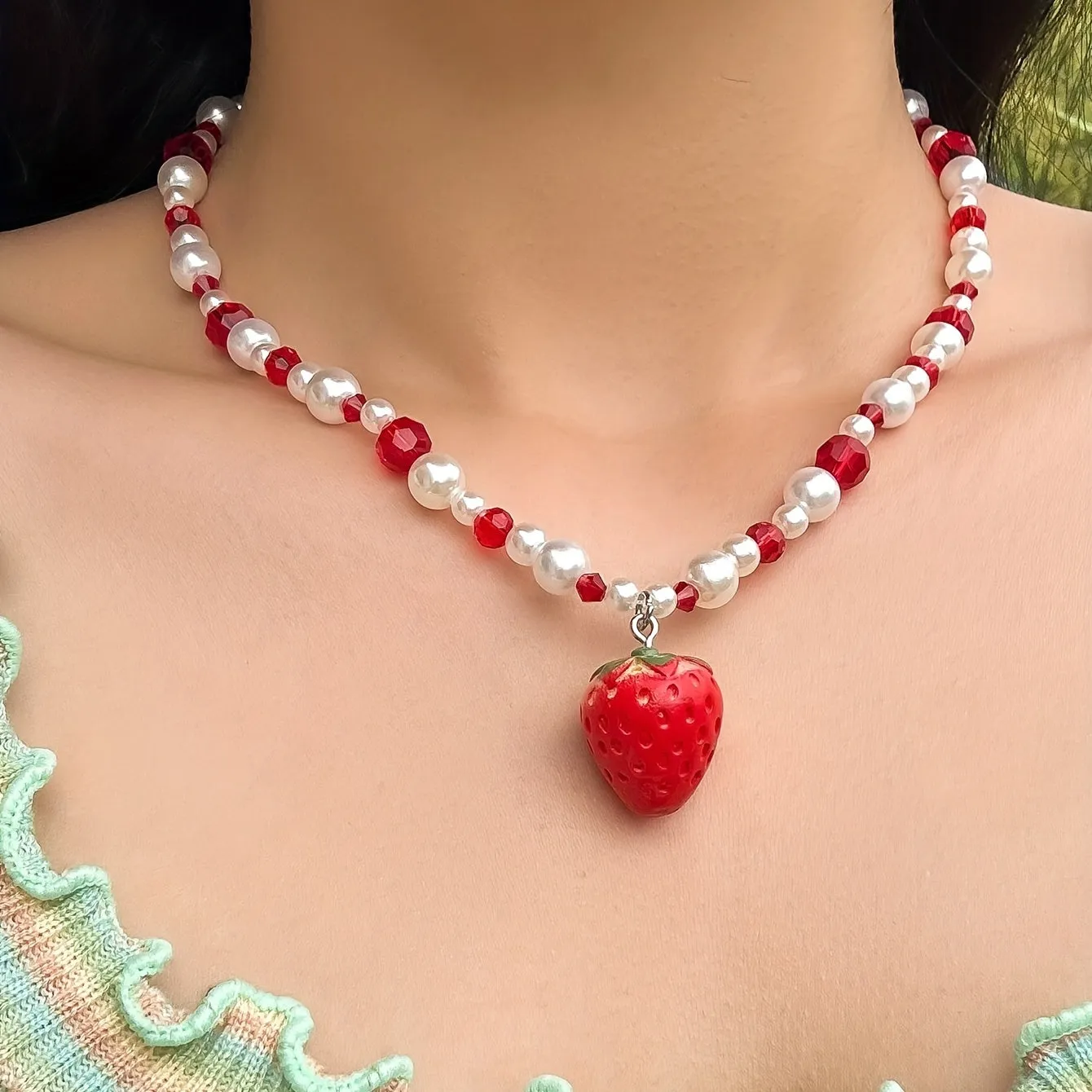 Strawberry Pendant Necklace With Faux Pearl Crystal Beads, Cute Fruit Design Gift Accessories Ornament