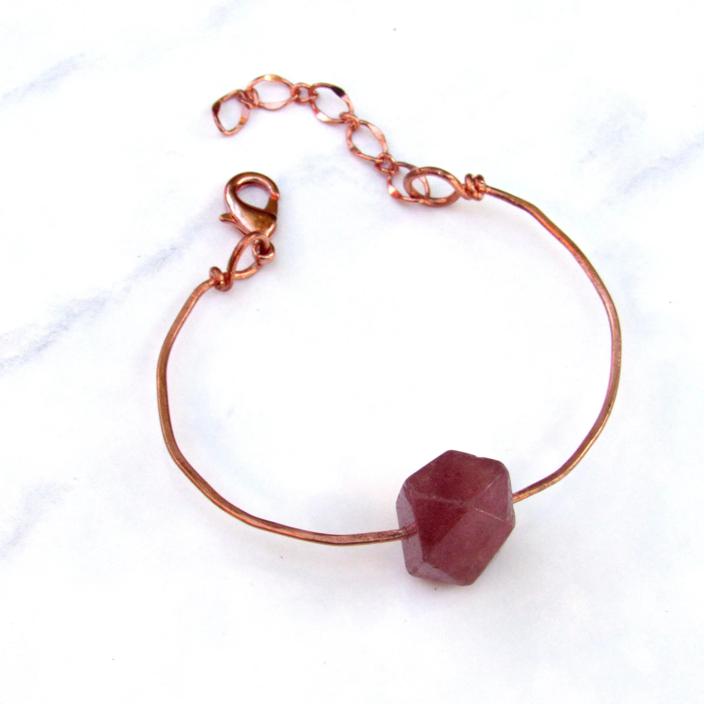 Strawberry Quartz gemstone and Hammered Copper Bracelet