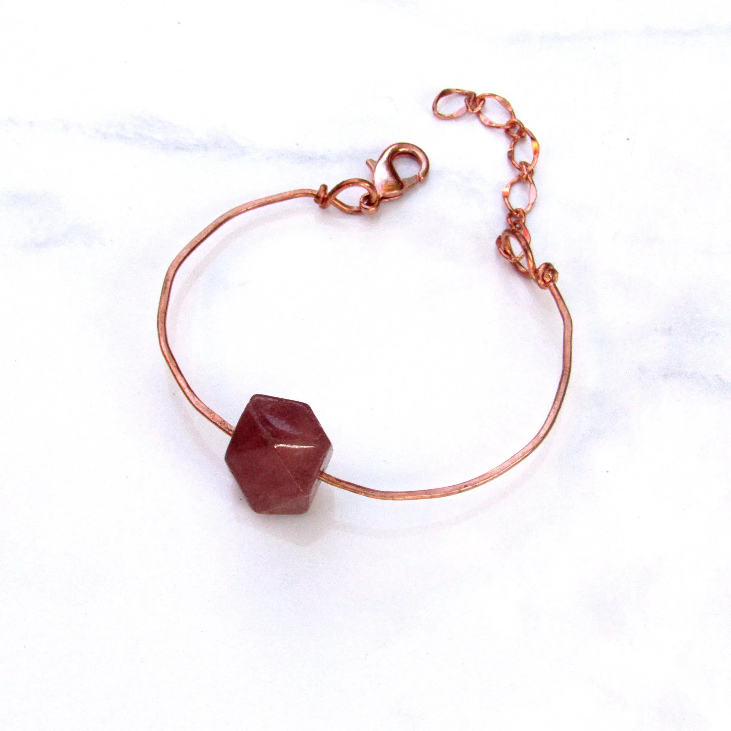 Strawberry Quartz gemstone and Hammered Copper Bracelet